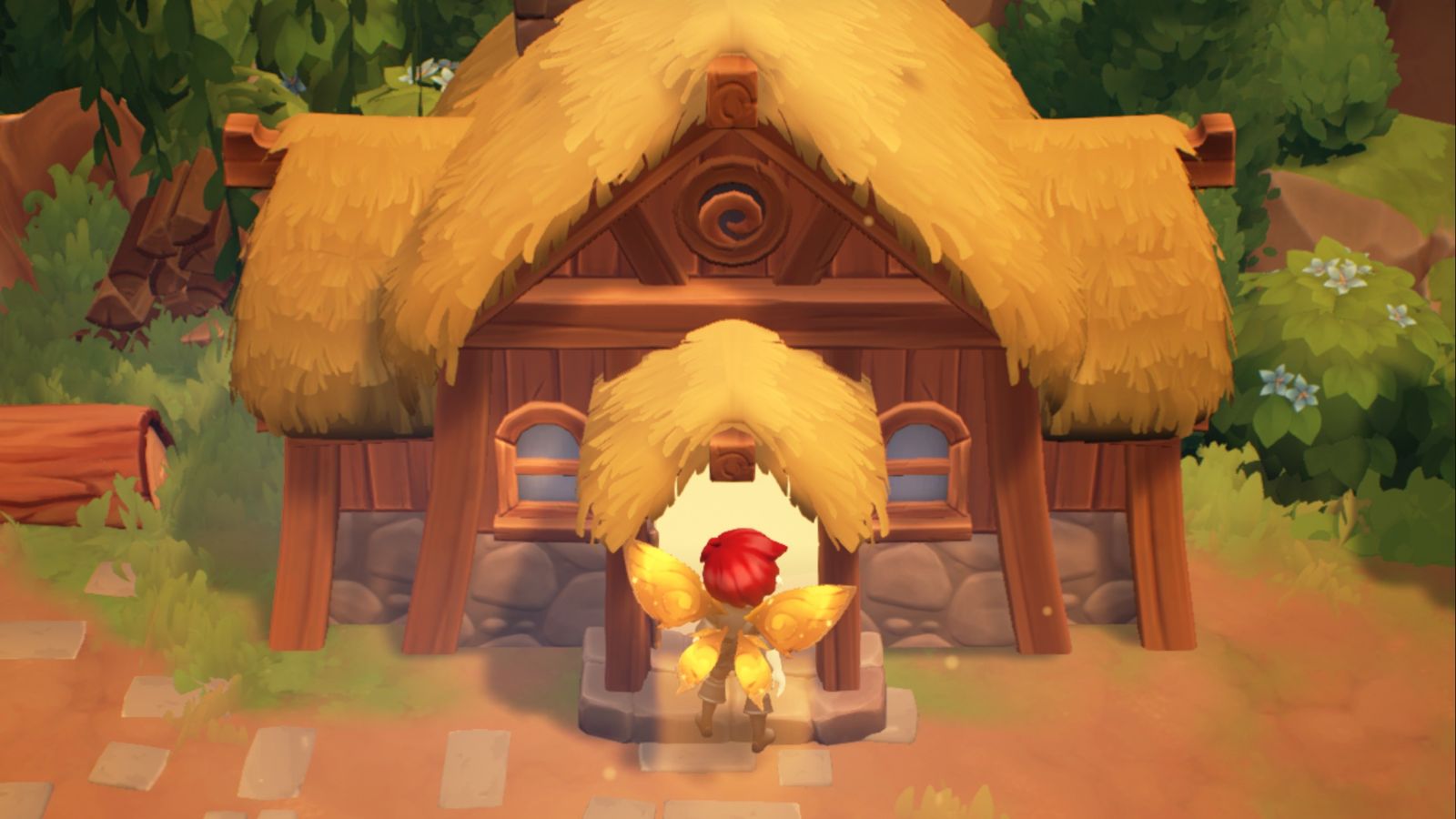 Fae Farm character stands at the door to their large house.