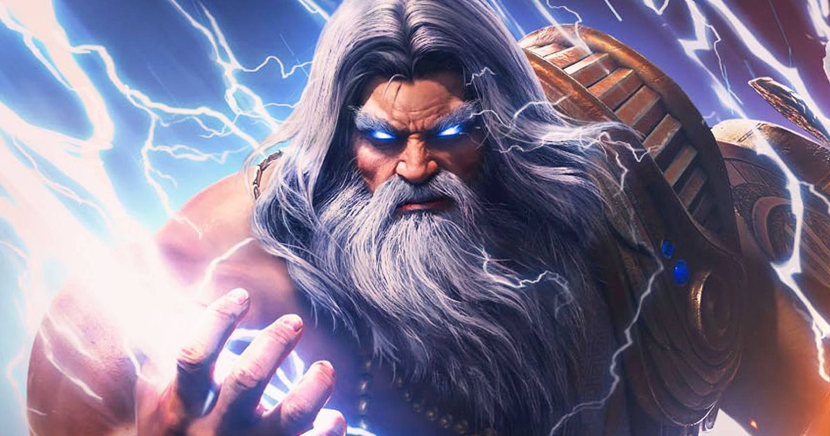 Zeus with his eyes lit up while grasping a lightning bolt and electricity cackling around his body