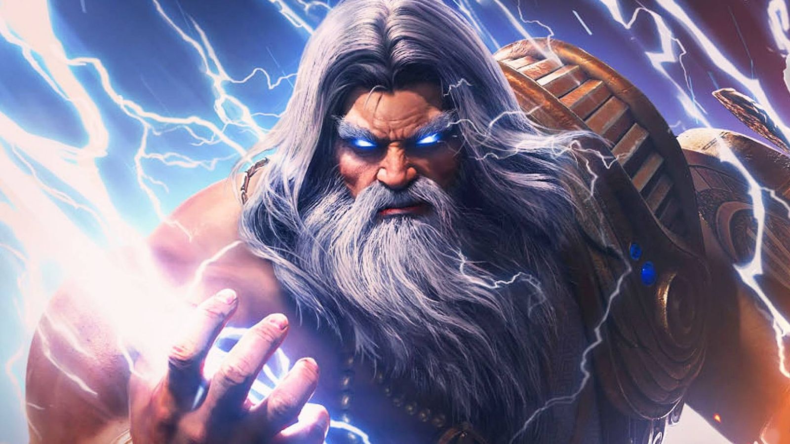 Zeus with his eyes lit up while grasping a lightning bolt and electricity cackling around his body
