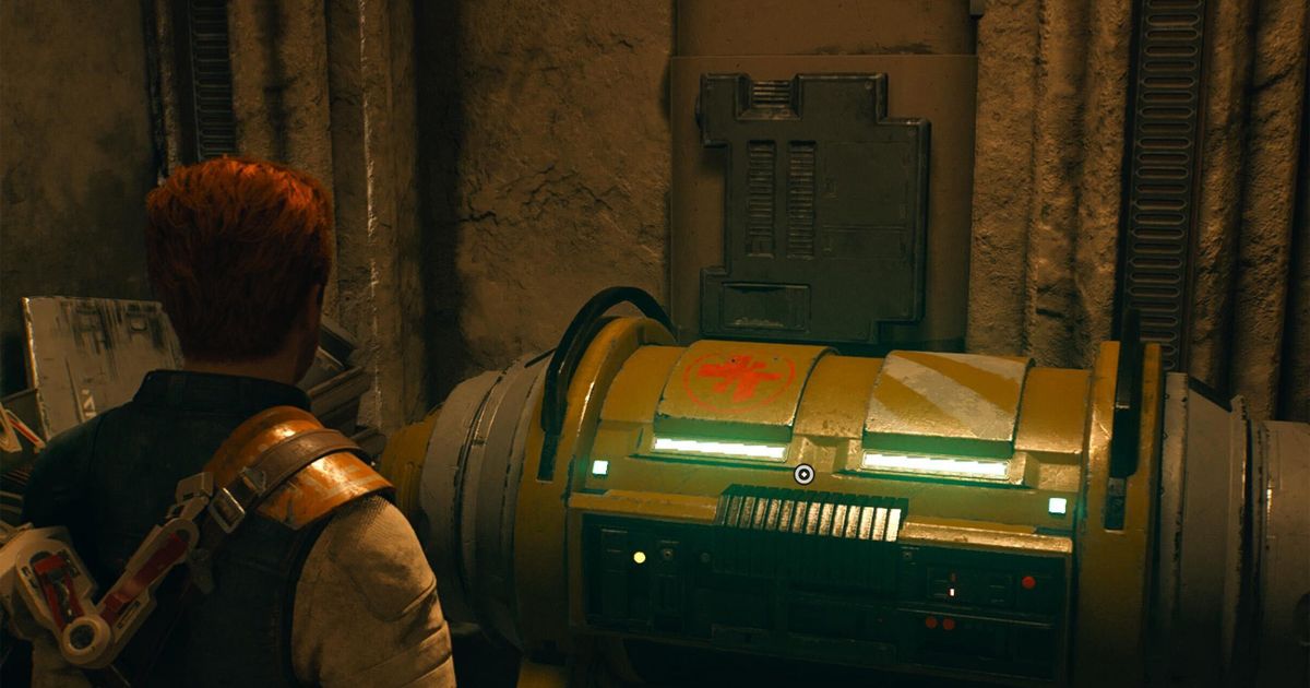 Screenshot from Star Wars Jedi Survivor showing Cal looking at keypad for a locked door inside Doma's shop