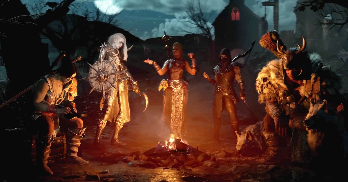 Diablo 4 characters stood around a camp fire.