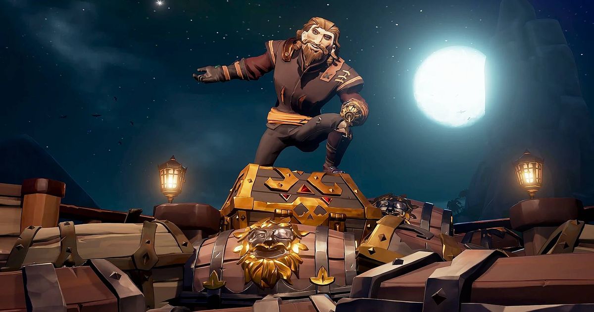 Sea of Thieves character standing atop some treasure chests