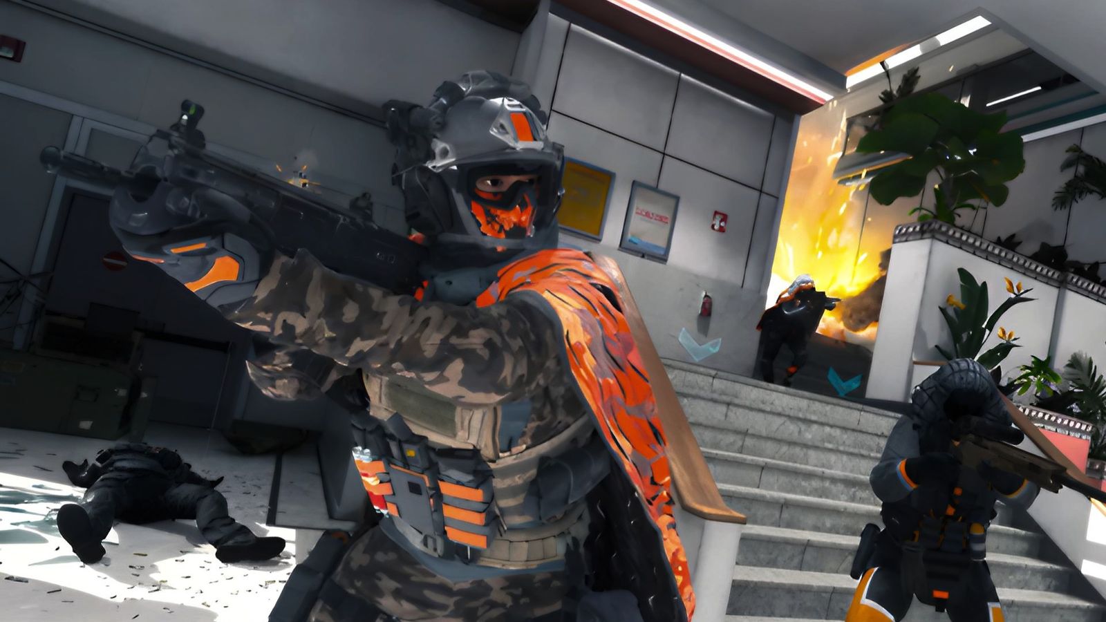 Modern Warfare 3 - Soldier with an orange cape and helmet looks over their shoulder