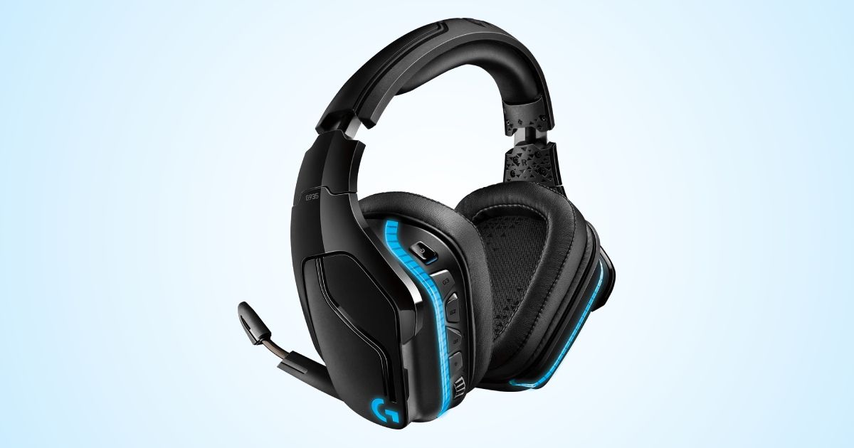 A black wireless over-ear headset featuring blue trim and a mic that extends around to the front.