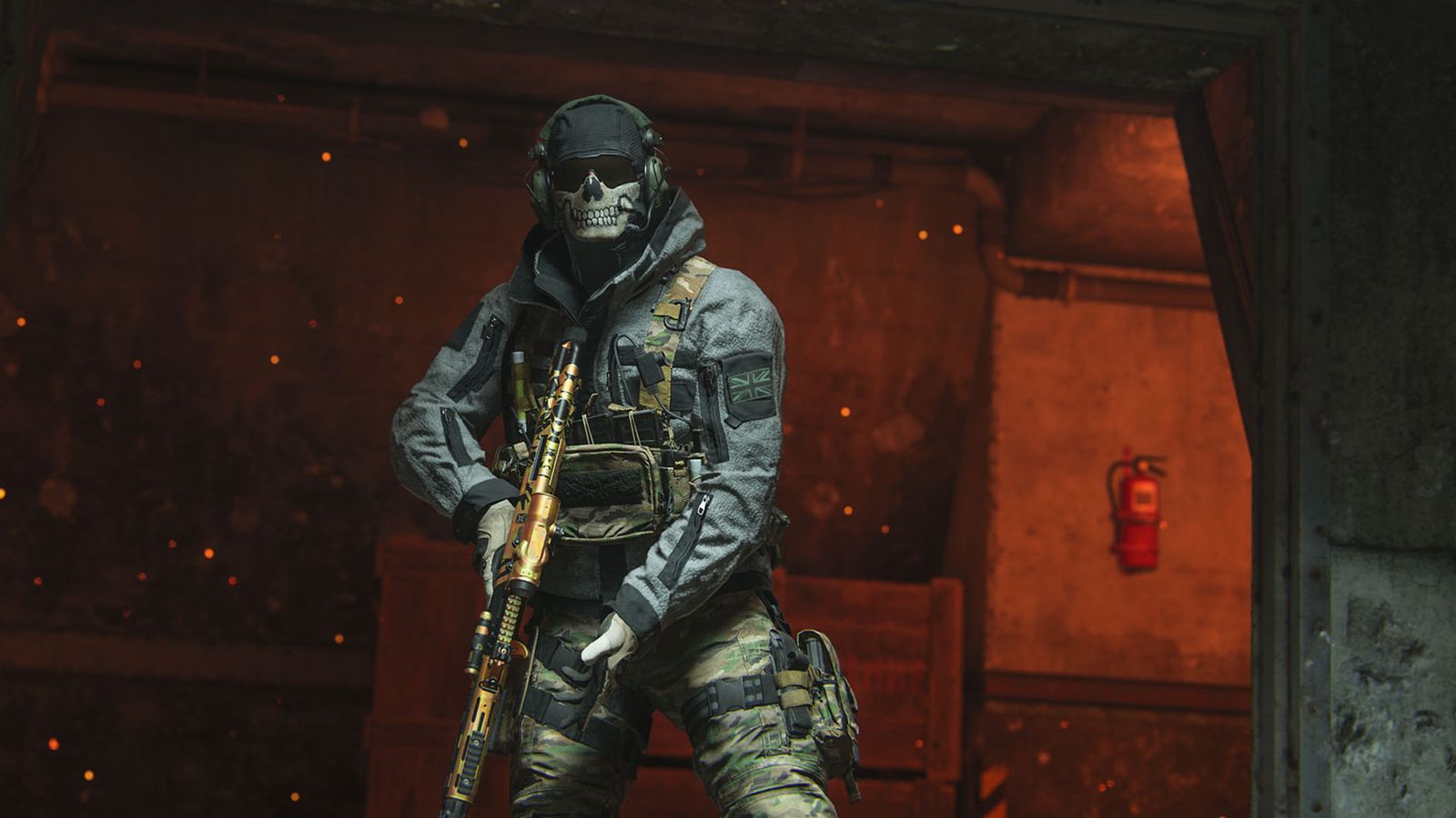 Screenshot showing Warzone 2 Ghost Operator wearing skull mask and holding gun in a corridor highlighted by a red light