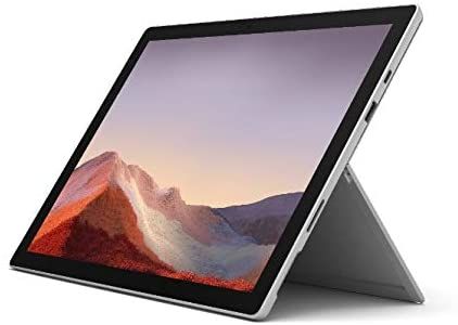 Microsoft Surface 7 Pro product image of a silver and black tablet with a mountain scene on the display.