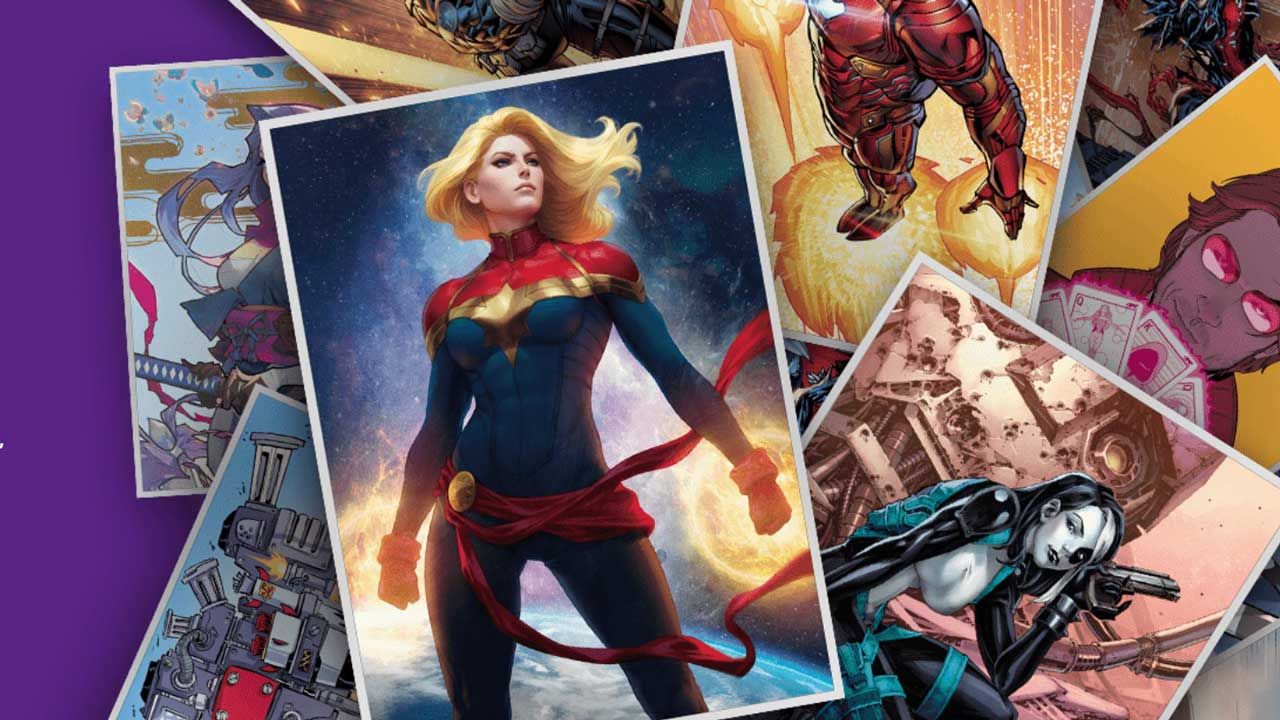 A Captain Marvel card atop a pile of other cards in Marvel Snap.