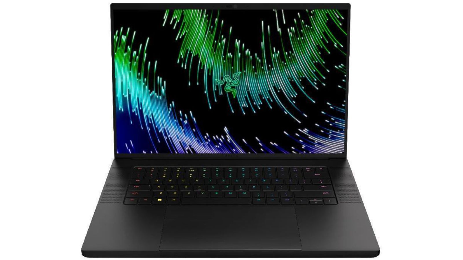 A Razer Blade gaming laptop with a green and blue fibre optic cable background on screen