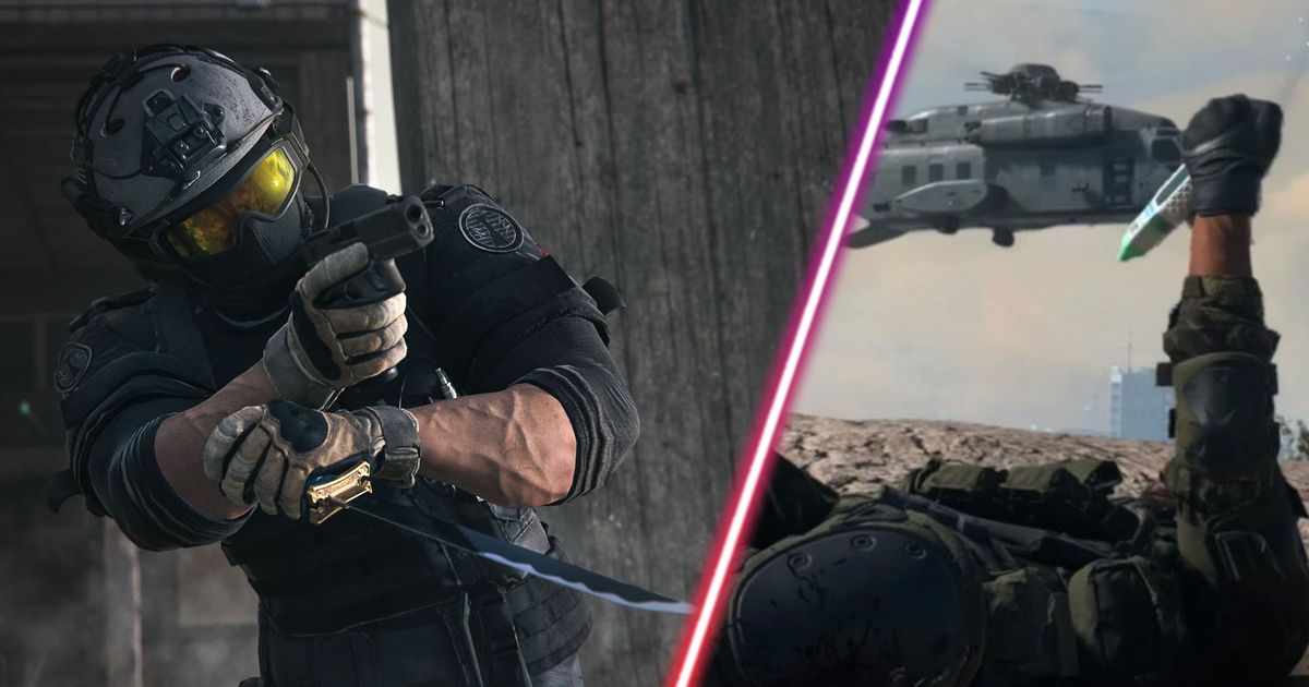 Screenshot of Warzone player holding a pistol and a knife and Warzone player using a revive with a helicopter flying in the background