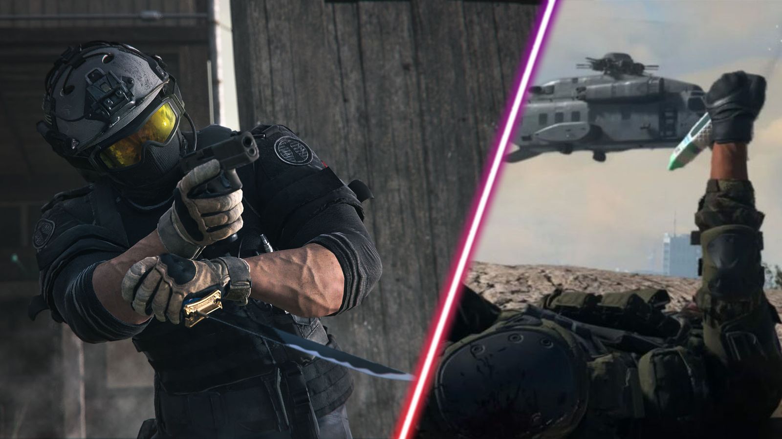 Screenshot of Warzone player holding a pistol and a knife and Warzone player using a revive with a helicopter flying in the background