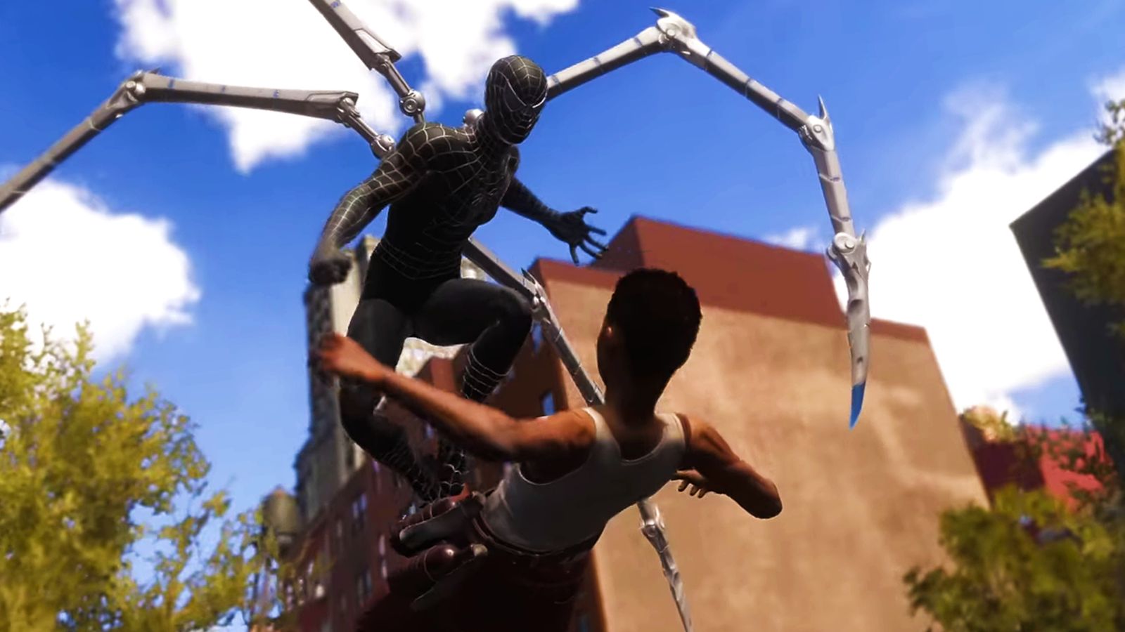 Spider-man in black with mechanical arms, leaping over a man in a tank top