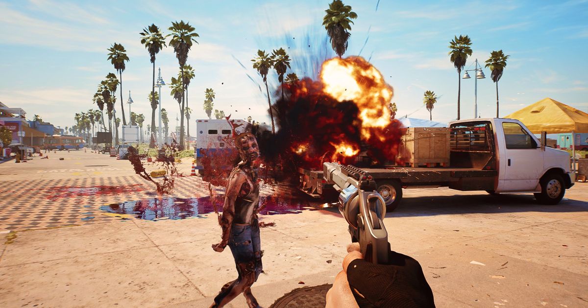Screenshot showing Dead Island 2 player shooting zombie with revolver
