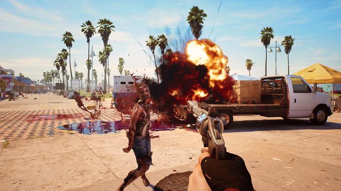 Screenshot showing Dead Island 2 player shooting zombie with revolver
