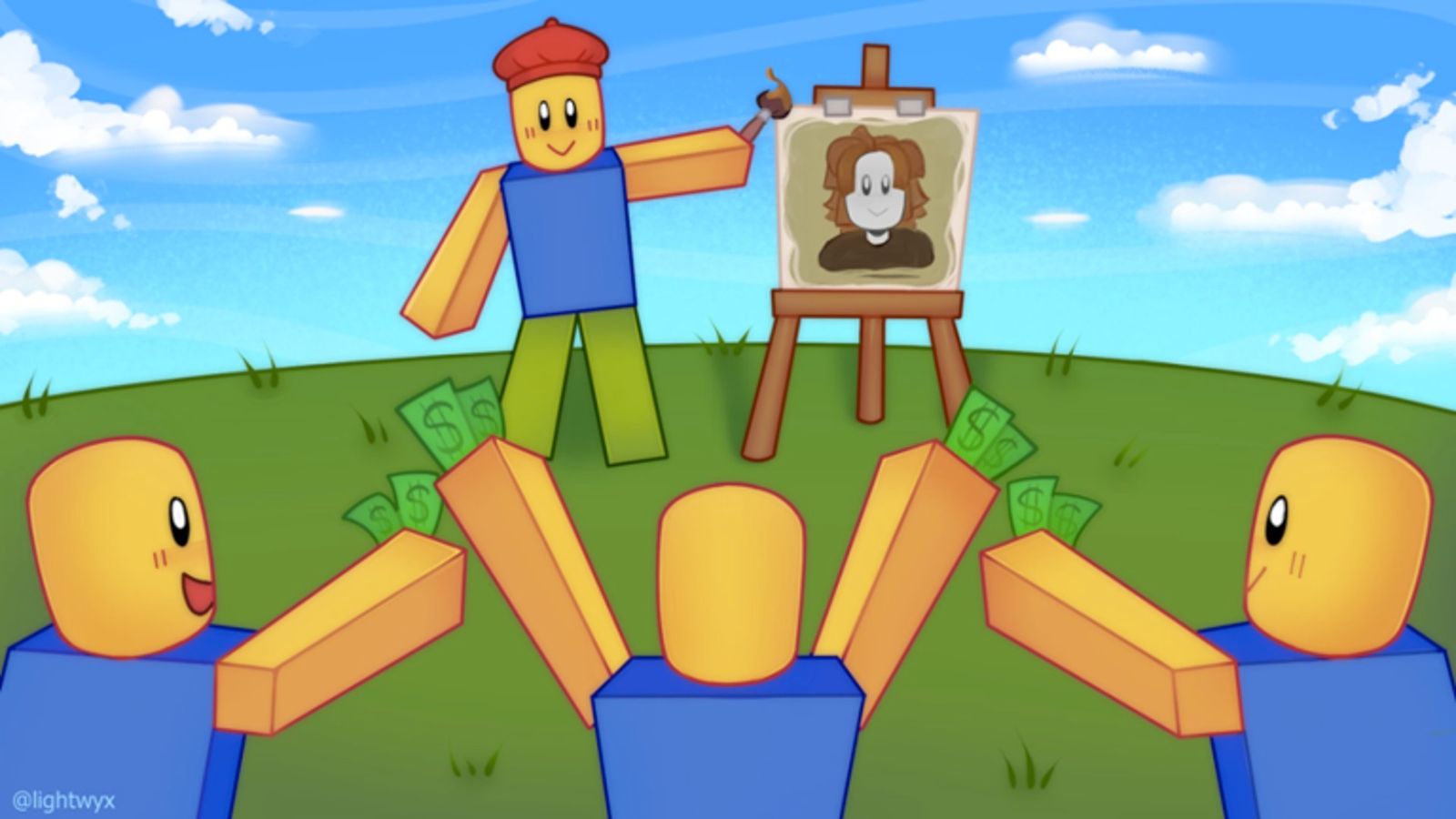Image of several Roblox characters bidding for a piece of art in Starving Artists.