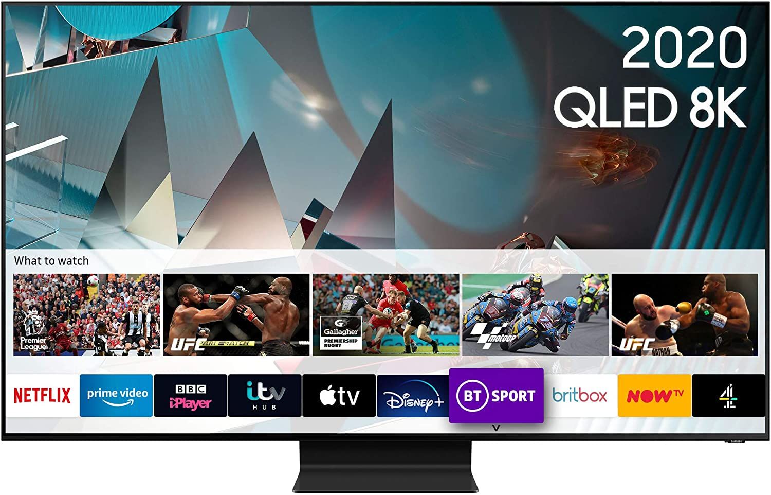 Image of Samsung Q800TV displaying triangles below an overlay with various streaming applications, with a focus on upcoming sporting events