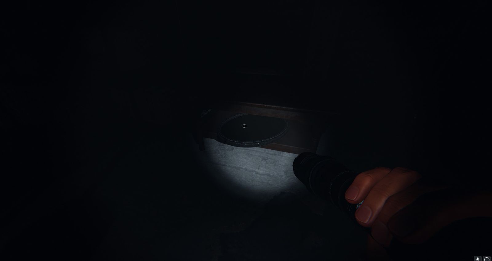 A player pointed towards the Haunted Mirror using their flashlight in the basement of a house in Phasmophobia.