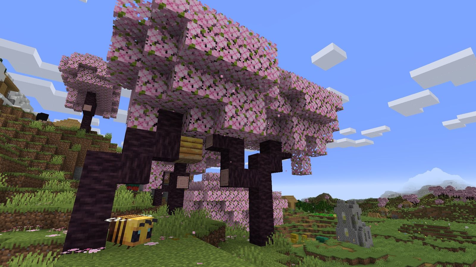 A bee in the new Cherry Biome in Minecraft 1.20 update