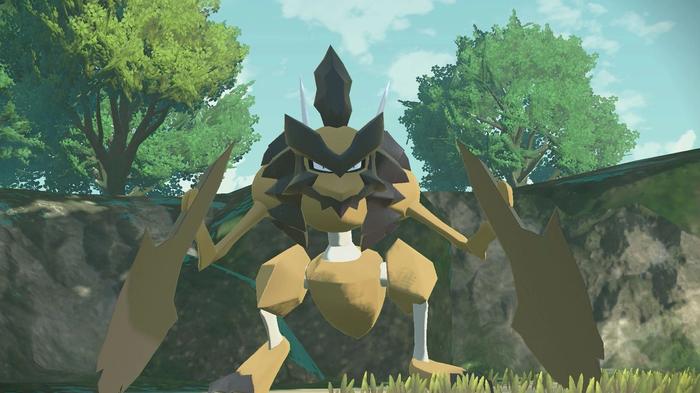 Kleavor of Pokémon Legends: Arceus, who is calmed using Forest Balm.