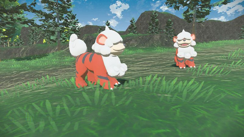 Hisuian Growlithe, a dog with a small rocky horn, pads around in the grass.