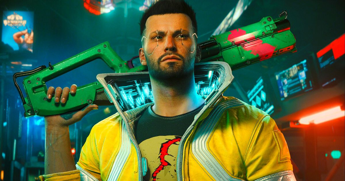 Cyberpunk 2077 character holding a futuristic weapon in a neon-lit environment