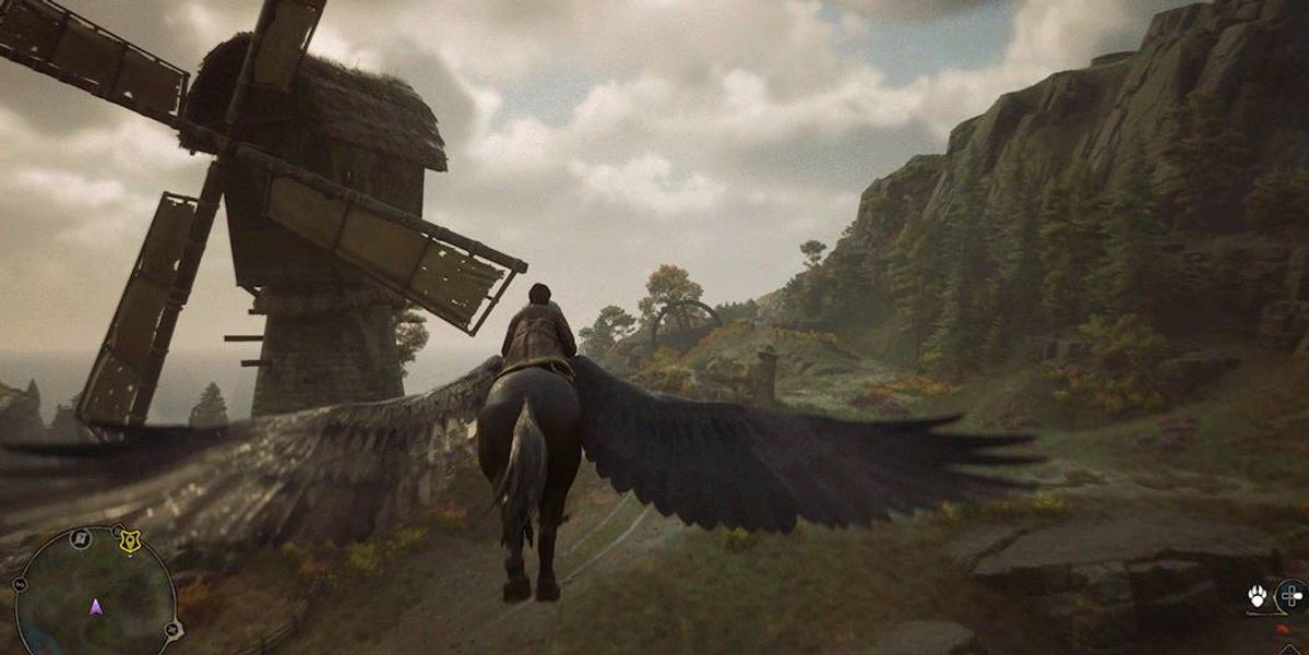 The player character riding a magical beast in Hogwarts Legacy.