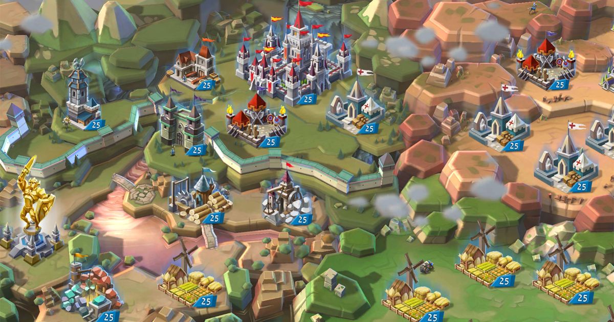 Screenshot from Lords Mobile, showing a battlefield with medieval fighters