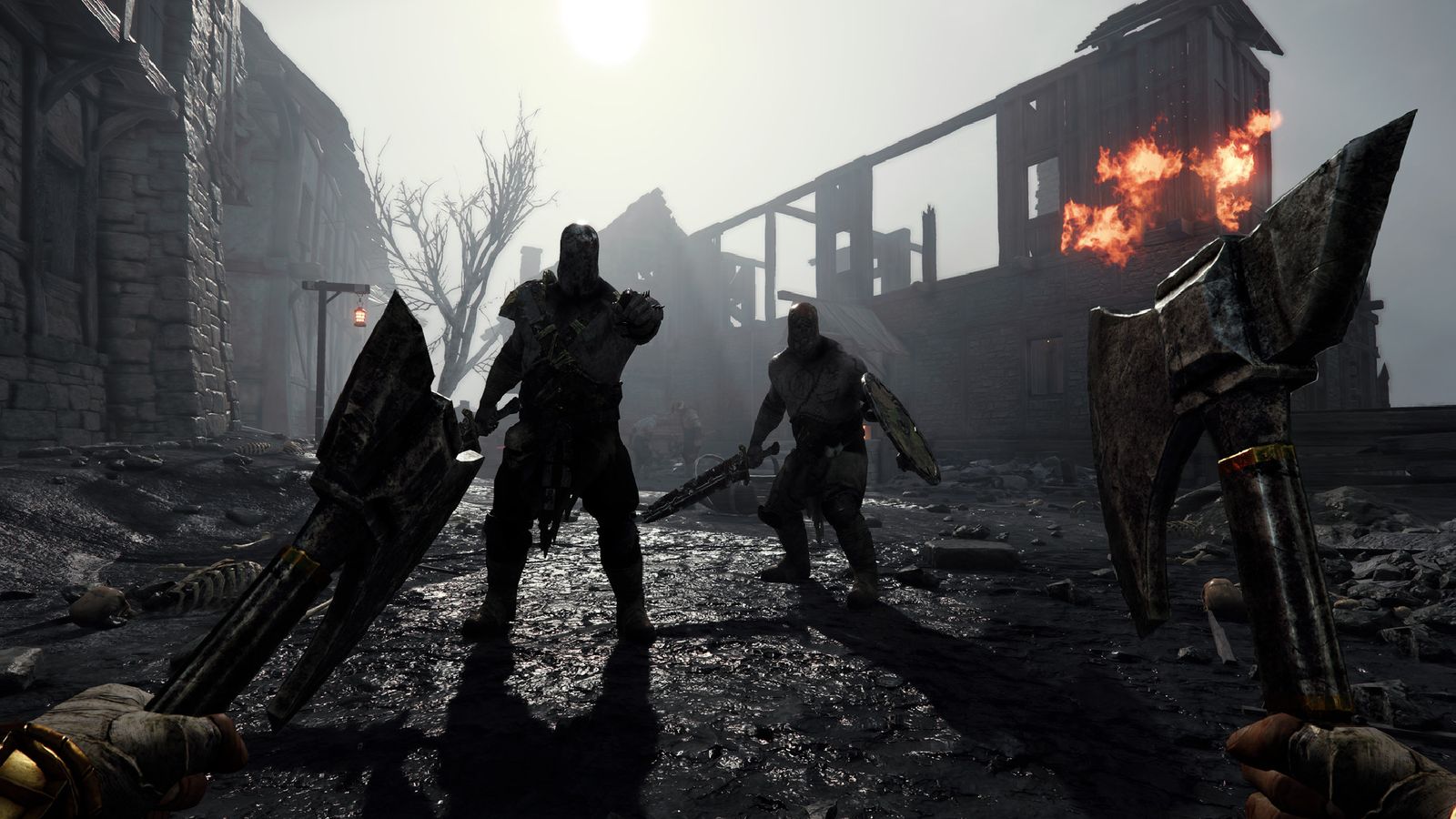 First-person in-game image from Warhammer: Vermintide 2 of a character weilding two axes fighting off enemies.