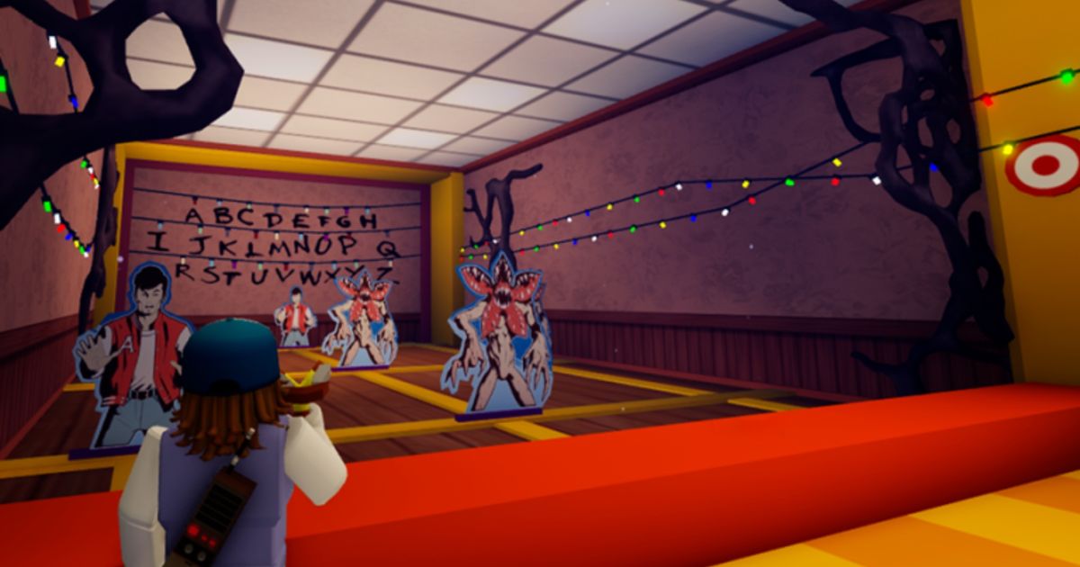 Screenshot from Stranger Things: Starcourt Mall, with Roblox characters interacting with the Upside Down