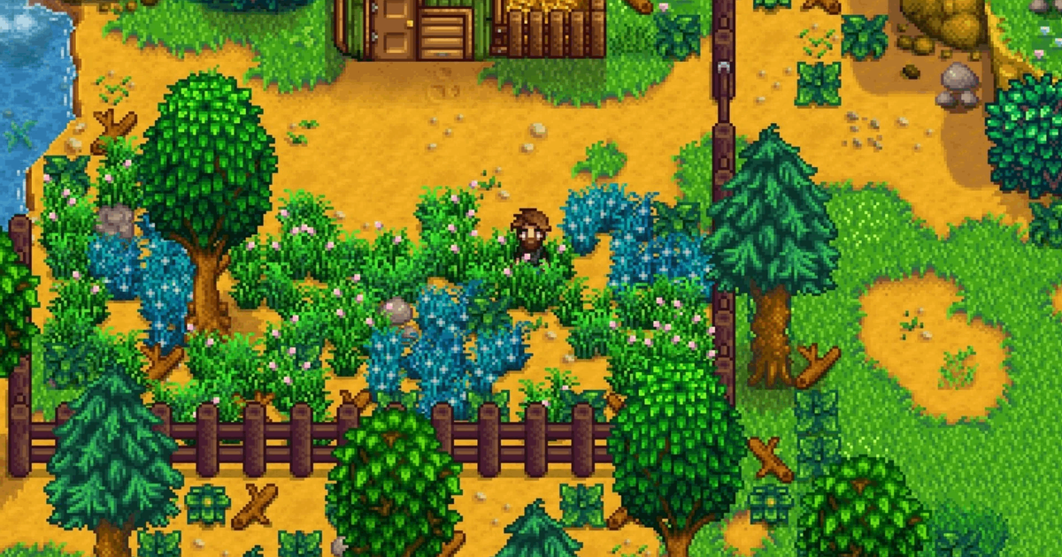 stardew valley character on farm with blue grass