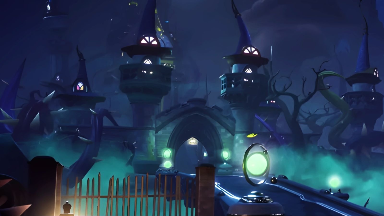 Disney Dreamlight Valley Dark Castle - a spooky castle with a bridge, surrounded by ghostly fog.