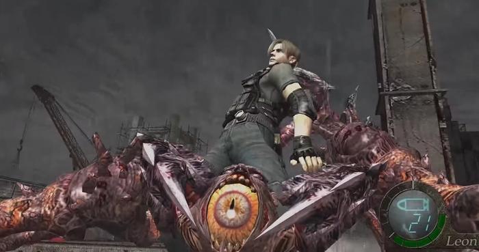 Leon Kennedy is straddling Osmund Saddler to stab him in the eye with a knife in Resident Evil 4.