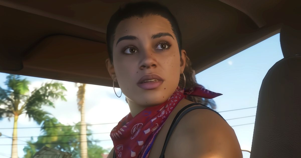 GTA 6 - woman with a red bandana around her neck and gold earrings sat in a car passenger seat, looking backwards