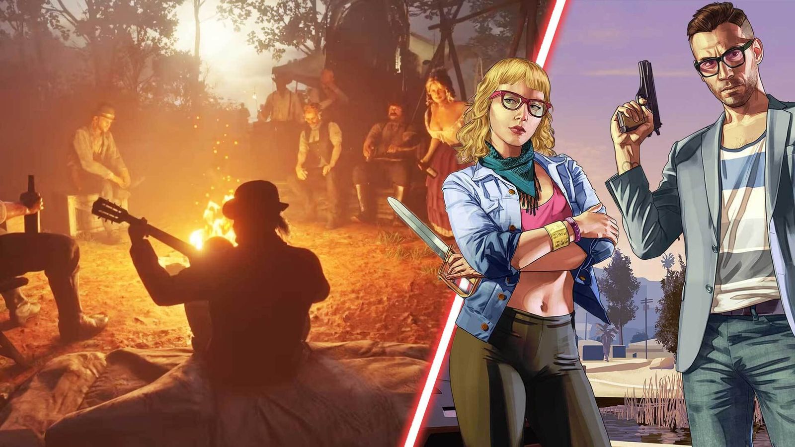 Red Dead Redemption 2's gang camp alongside some GTA characters.