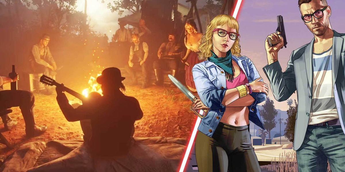 Red Dead Redemption 2's gang camp alongside some GTA characters.