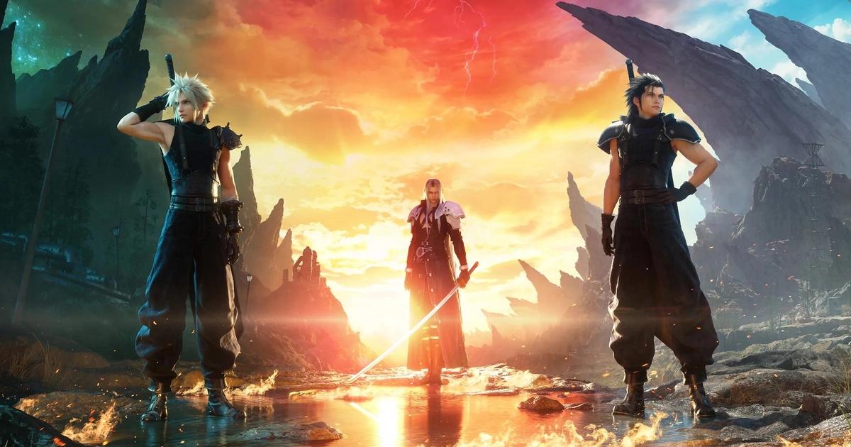 final fantasy 7 rebirth cloud strife sephiroth and Zack standing with sunset in back
