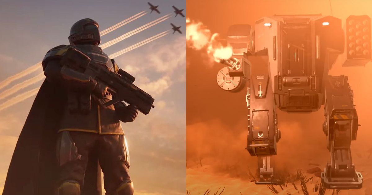 helldivers 2 player side by side with enemy mech