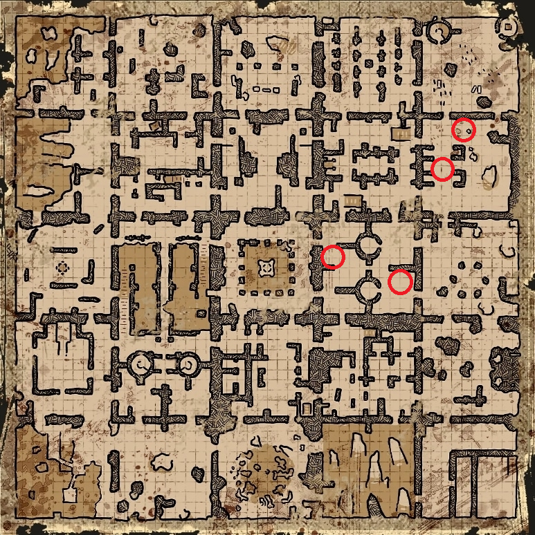 Dark and Darker ruins map, detailing the spawn locations of the Cockatrice mini boss.
