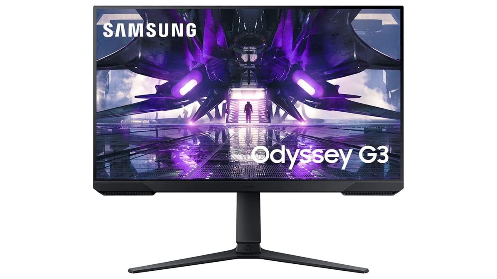 Samsung Odyssey G32A product image of a black monitor with a purple and white sci-fi scene on the display