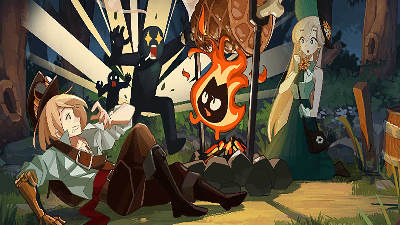 Promotional art for Fortress Saga showing two characters being surprised by a shadowy figure.