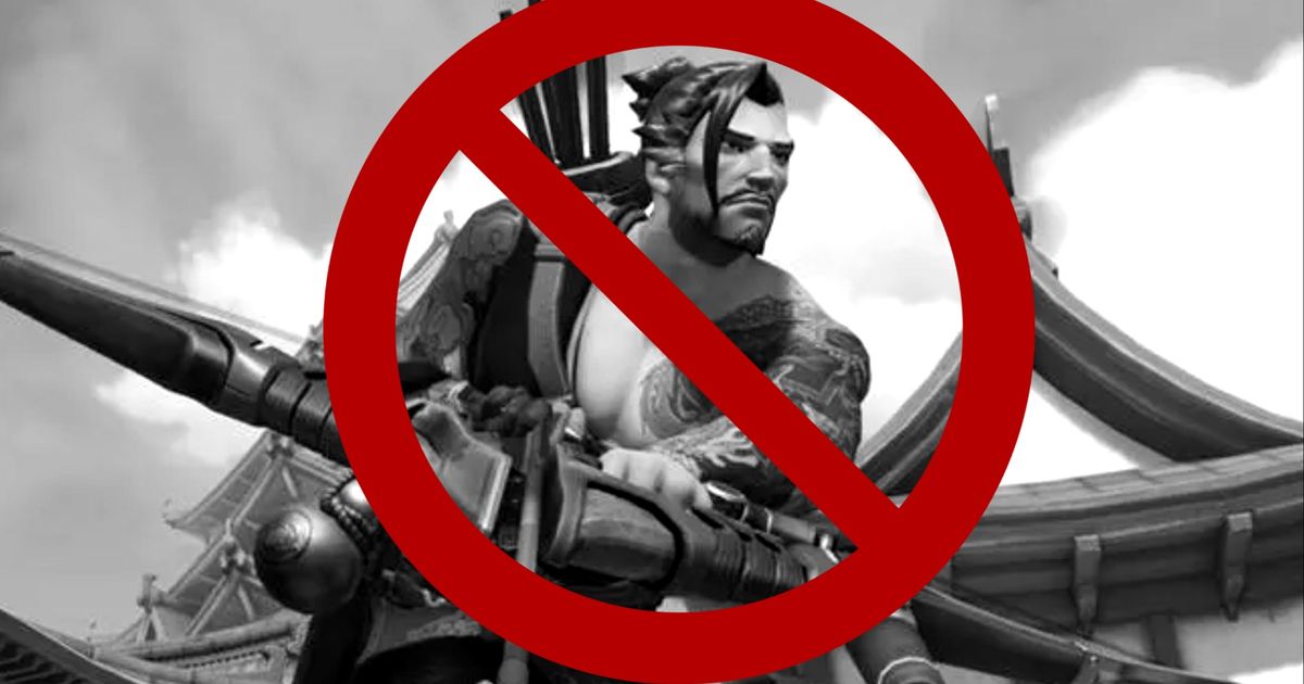 Overwatch 2's Hanzo in black and white with a large red prohibition sign covering him