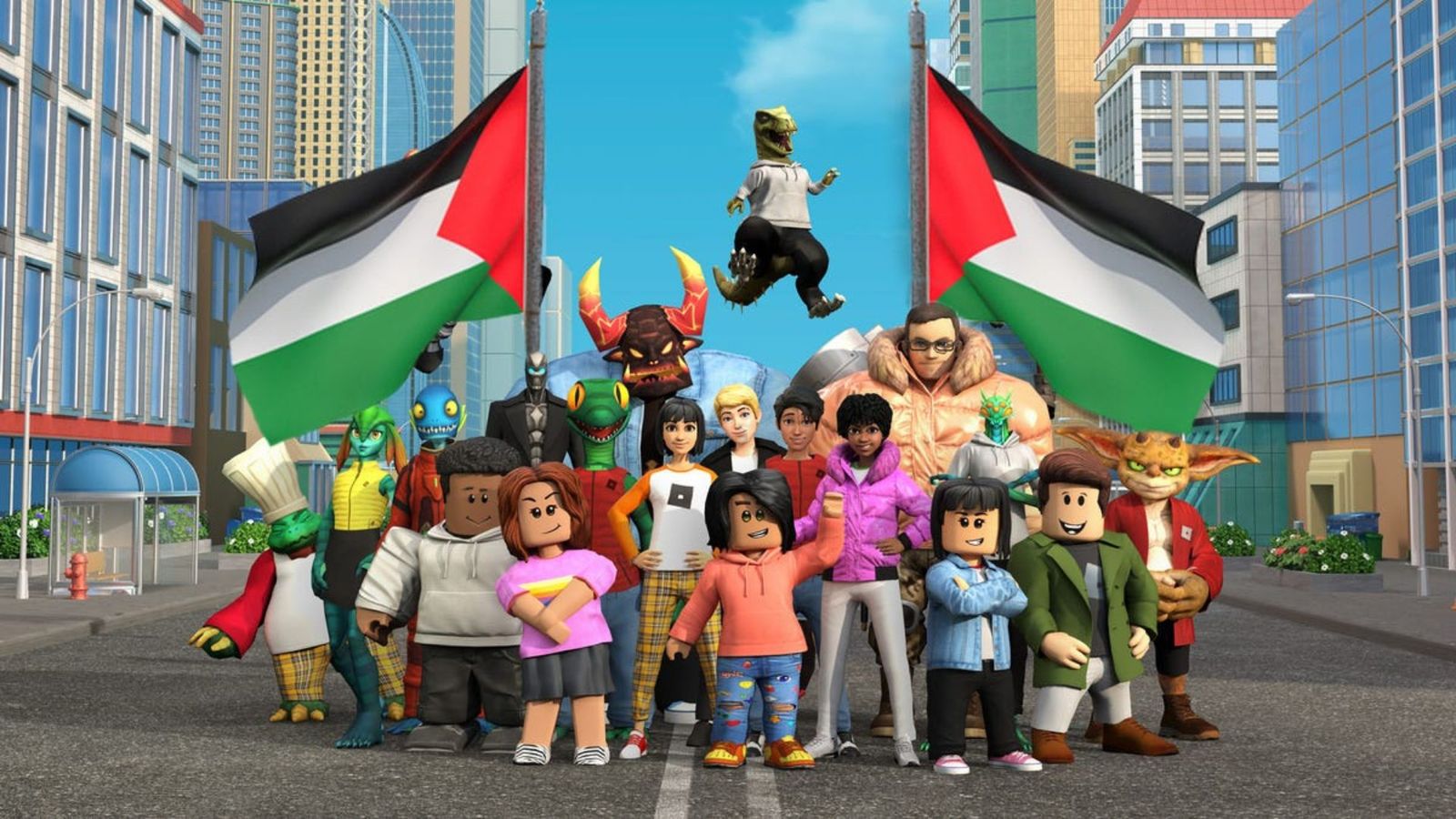 Roblox characters showing support for Palestine
