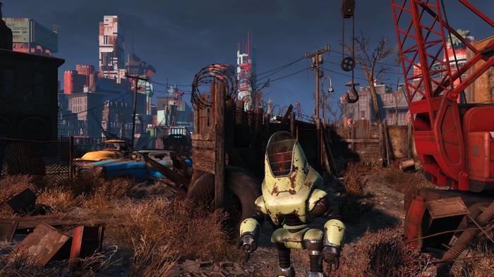 Image of a robot amidst wasteland in Fallout 4.