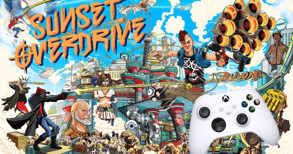 Sunset Overdrive concept art with an Xbox controller edited into the image