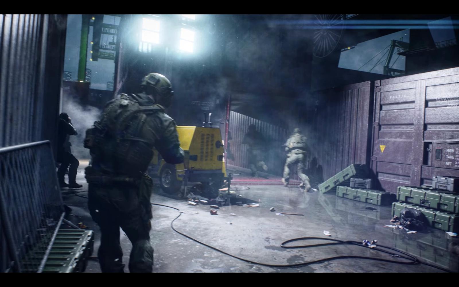Battlefield 2042 game modes header - Battlefield soldiers advance through a darkened cargo dock.