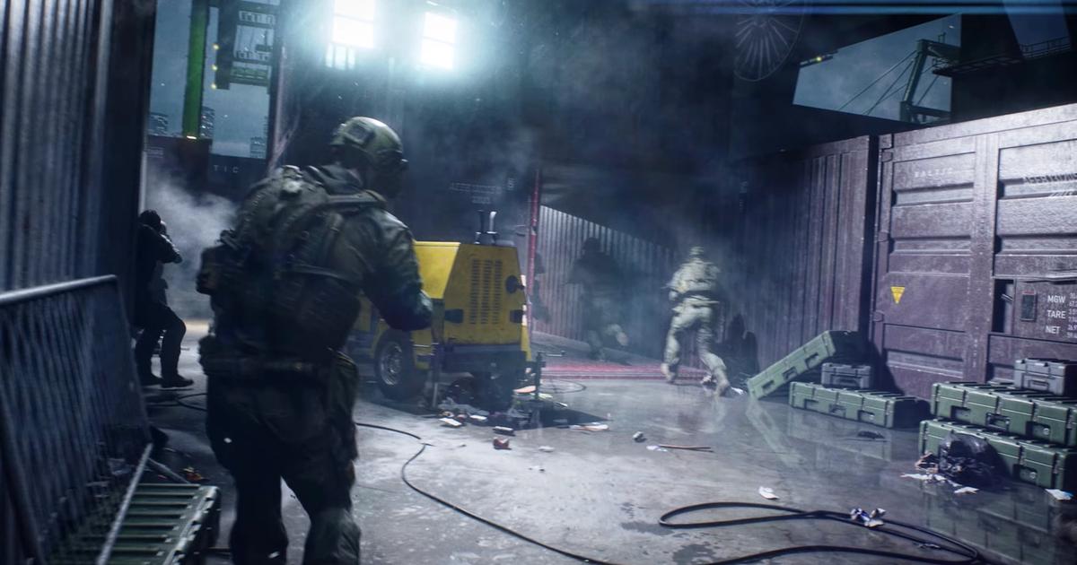 Battlefield 2042 game modes header - Battlefield soldiers advance through a darkened cargo dock.