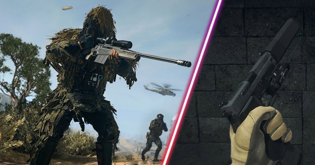 Screenshot of Warzone player holding sniper rifle and player holding a pistol with yellow glove