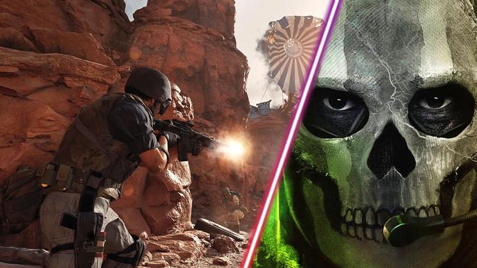 Black Ops Cold War player firing gun and Modern Warfare 2 Ghost