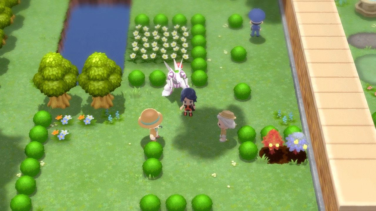A Pokémon Trainer and their Palkia face an elderly Pokémon Training duo near to Pokémon Mansion in Pokémon Brilliant Diamond and Shining Pearl.