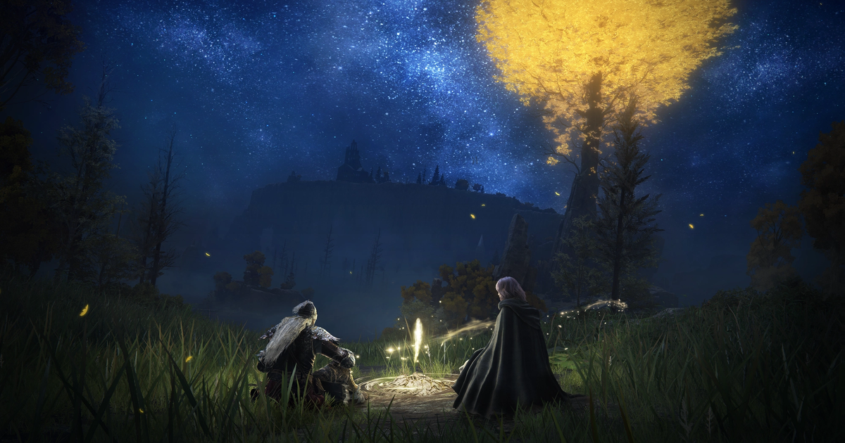 A player and Melina resting at a Site of Grace in Elden Ring.