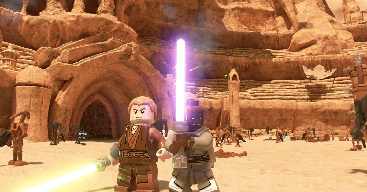 Image of Mace Windu and a custom character in Lego Star Wars: The Skywalker Saga.
